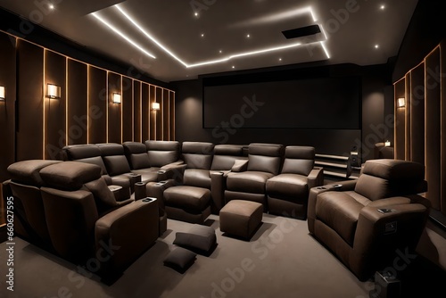 a home cinema with plush recliners and acoustic panels.