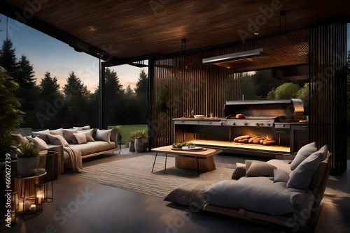 a luxurious outdoor patio with a barbecue area.