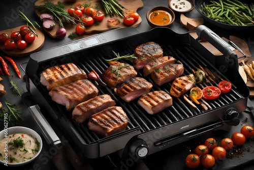 a smart grill with various temperature zones, grilling a variety of meats and vegetables to perfection.