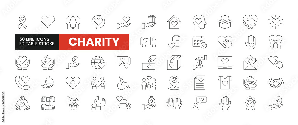 Set of 50 Charity & Donation line icons set. Charity outline icons with editable stroke collection. Includes Charity, Donation, Volunteer, Disability, Humanitarian and More. Set of 50 Charity & Donation line icons set. Charity outline icons with editable stroke collection. Includes Charity, Donation, Volunteer, Disability, Humanitarian and More.