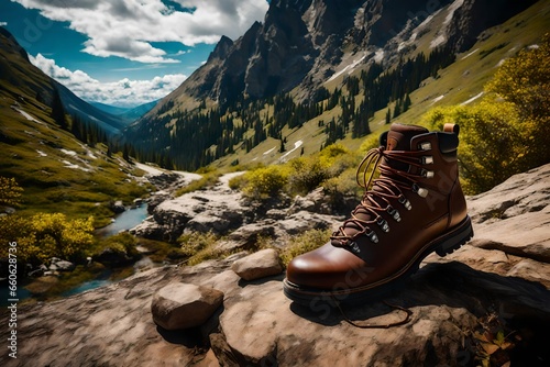 a brown hiking boot on a mountain trail background