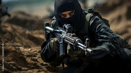 A soldier with a weapon in an ambush. Portrait of a soldier in military equipment with his face covered