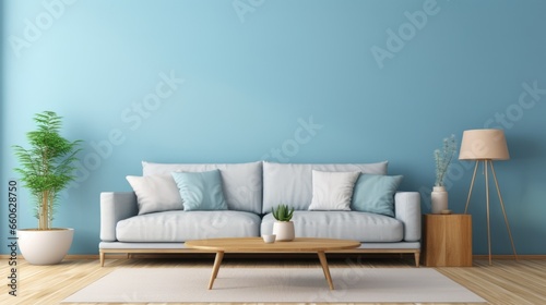 A living room with a blue wall and a white rug