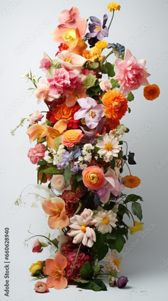 A tall tower of colorful flowers against a white background