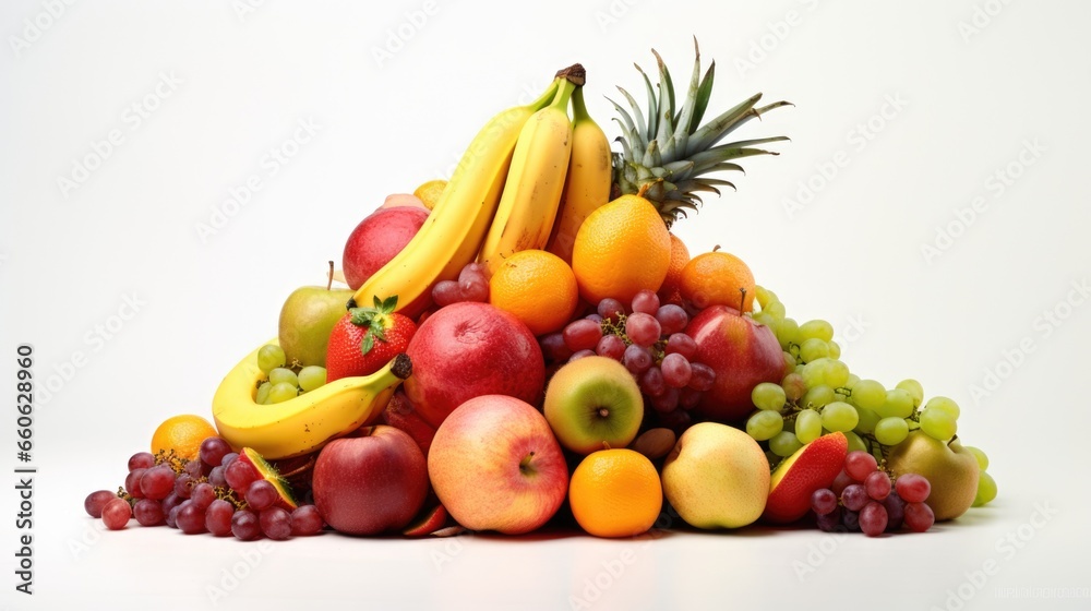 A pile of assorted fruit including bananas, apples, oranges, and grapes