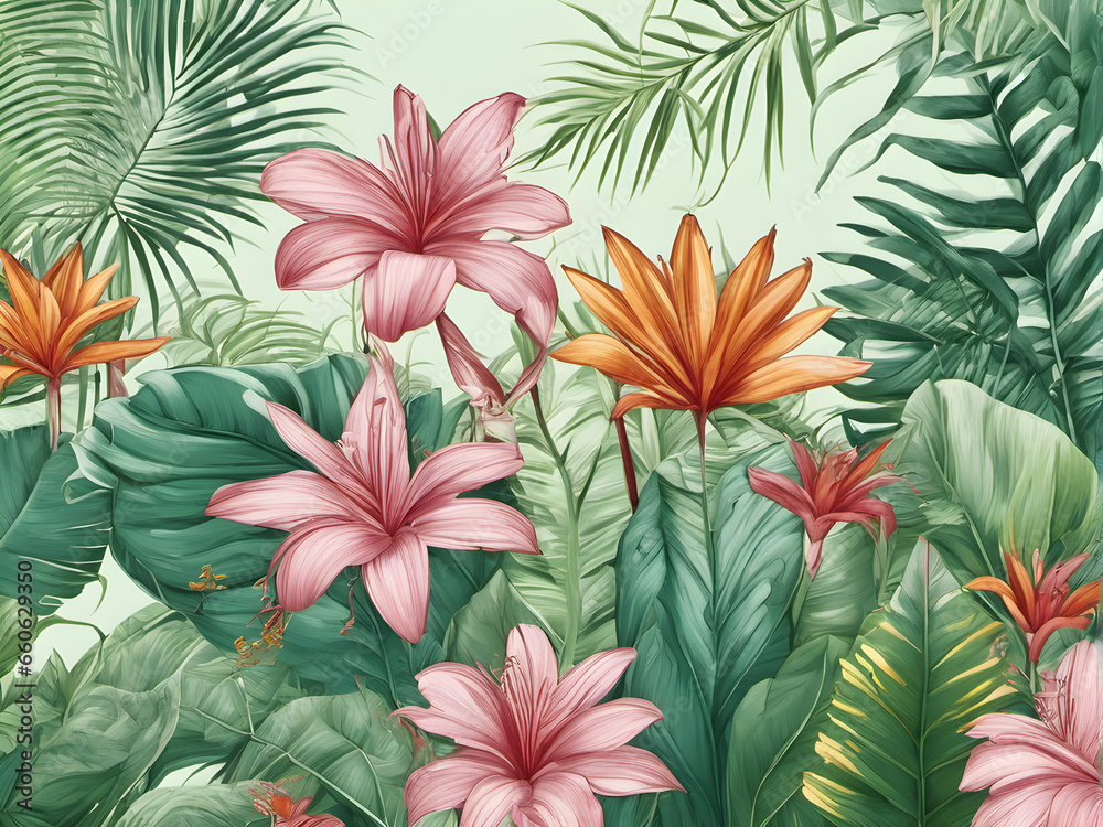 Fototapeta premium Exquisite Tropical Botanical Illustration of Palm Tree and Flowers. generative AI