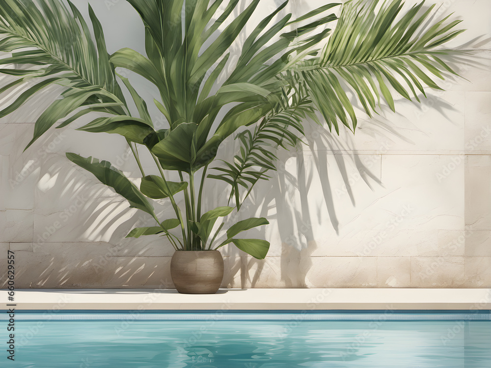 Luxury Resort Pool with Tropical Palm Leaf Shadows. generative AI