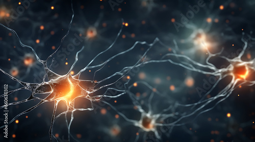 Neuron cells neural network under microscope neuro research science brain signal information transfer human neurology mind mental impulse biology anatomy microbiology intelligence connection system photo
