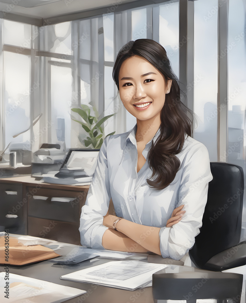 Smiling Asian Businesswoman in Office Attire on Office Background. generative AI Smiling Asian Businesswoman in Office Attire on Office Background. generative AI