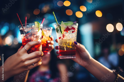 Close up of friends group cheering mojito drinks at bar restaurant photo