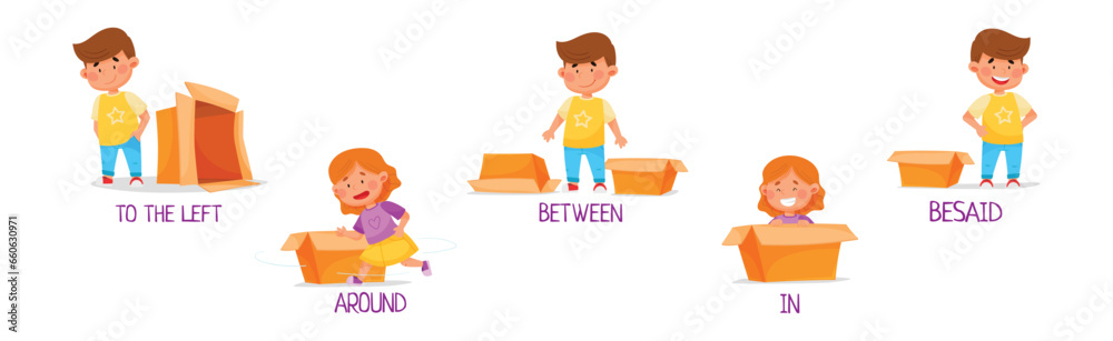 Little Girl and Boy with Carton Box as Prepositions of Place Demonstration Vector Set Little Girl and Boy with Carton Box as Prepositions of Place Demonstration Vector Set