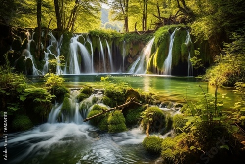 Clear water cascading down beautiful waterfalls in Plitvice National Park, Croatia. Generative AI