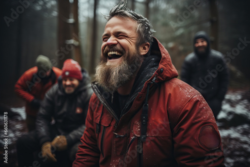 A bearded man in a red jacket heartily laughs amidst a group of friends in a snowy forest