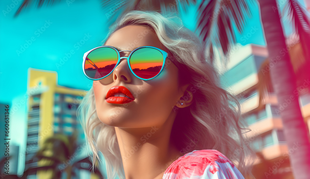 Fototapeta premium Woman in colorful sunglasses, summer retro fashion. Model with city palm, sun and blue sky in background, in the style of miami beach. Fashwave with vibrant colors.