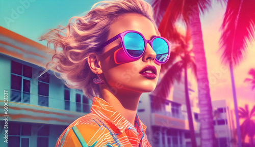 Woman in colorful sunglasses, summer retro fashion. Model with city palm, sun and blue sky in background, in the style of miami beach. Fashwave with vibrant colors. © Tam
