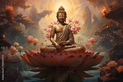 Vibrant Buddha lotus position art. Asian zen. Generate Ai