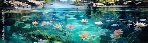 Transparent Water In A Pond And Water Lilies. Illustration On The Theme Of Nature And Climate  Vegetation And Ecology. Generative AI