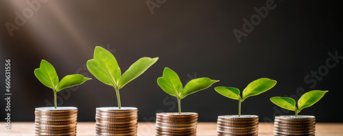 A seedling growing on a pile of coins has a natural backdrop, blurry green, money-saving ideas, and economic growth.