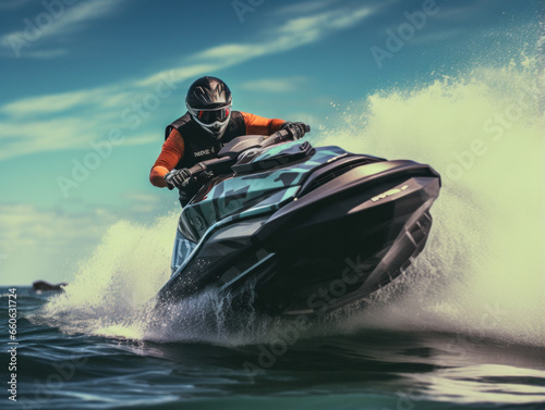 Young Man on water scooter in tropical ocean with big waves © PaulShlykov