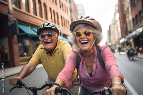 Happy elder people driving bikes in the city