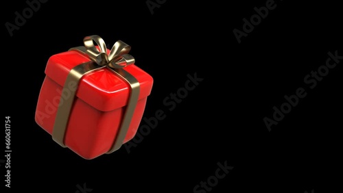 3d rendered Red Giift Box with golden ribbon bow rotating from front side for christmas  and birthday gift  photo