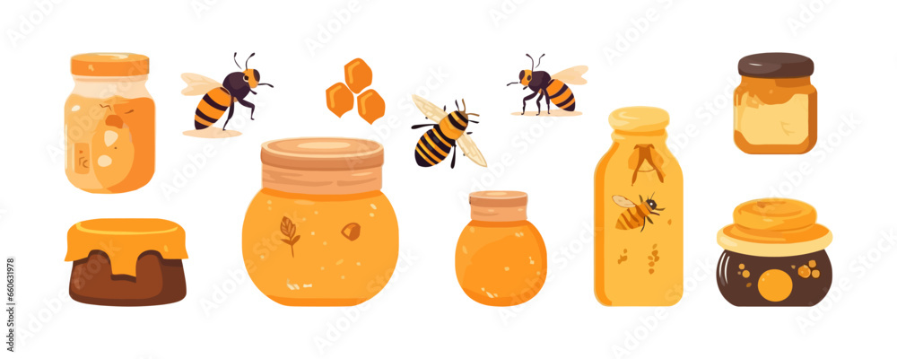 Bees and honey set flat cartoon isolated on white background. Vector isolated illustration - obrazy, fototapety, plakaty 