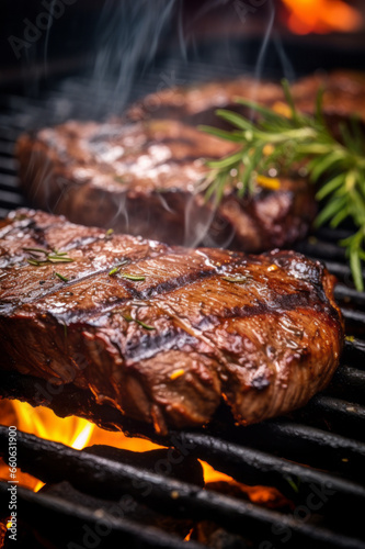 Grilled Steak with herbs cooking over flaming grill