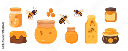 Bees and honey set flat cartoon isolated on white background. Vector isolated illustration