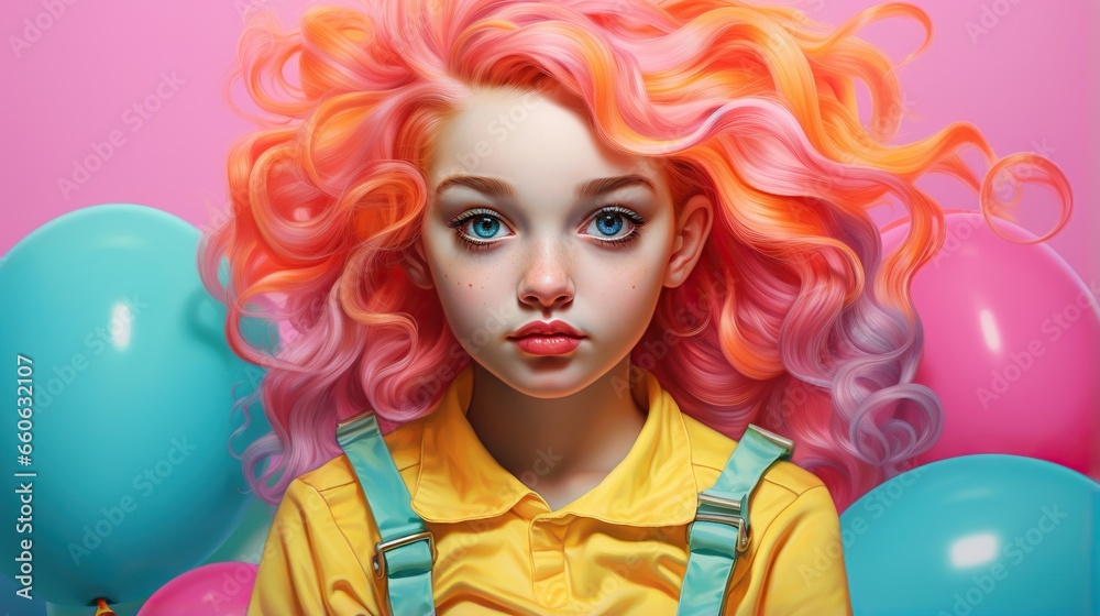 a painting of a girl with pink hair and blue eyes. generative ai a painting of a girl with pink hair and blue eyes. generative ai