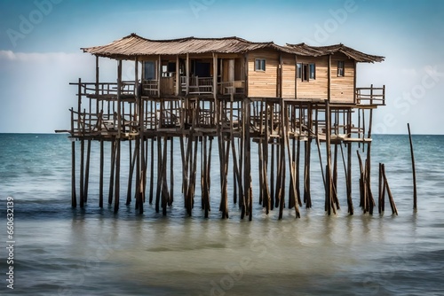 a tall skinny house on long wooden stilts, standing in the ocean © Ahtesham