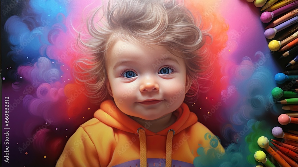  a painting of a little girl surrounded by colored crayons.  generative ai