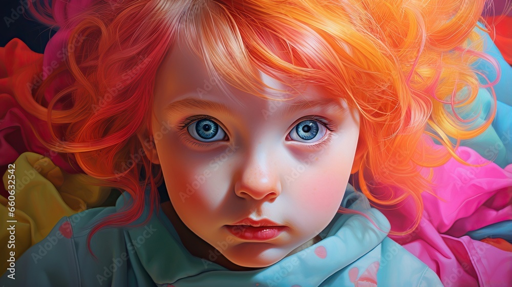  a painting of a little girl with red hair and blue eyes.  generative ai