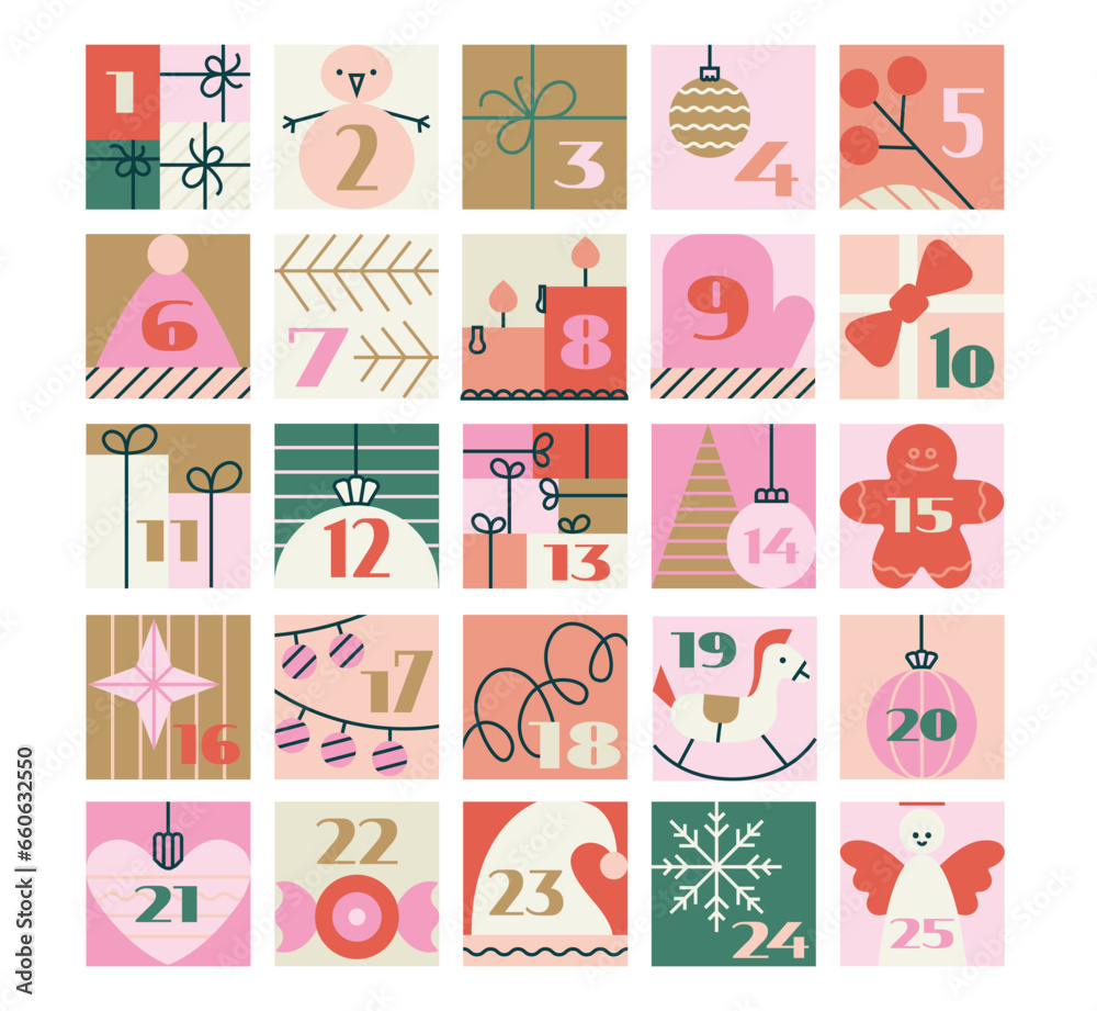 Christmas advent calendar with simple flat illustrations, numbers. Cute pinky retro winter vector elements for funny tradition Christmas advent calendar with simple flat illustrations, numbers. Cute pinky retro winter vector elements for funny tradition