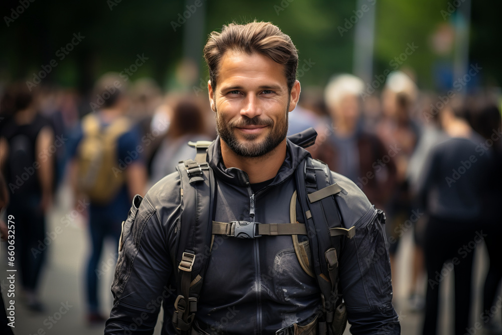 Portrait of man on walk while traveling around city Portrait of man on walk while traveling around city
