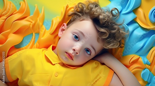  a young child laying on a yellow and blue background wearing a yellow shirt.  generative ai