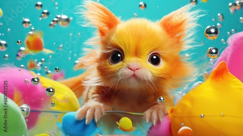  a small orange kitten sitting in a pool of water surrounded by bubbles.  generative ai