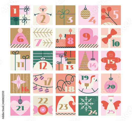 Christmas advent calendar with simple flat illustrations, numbers. Cute pinky retro winter vector elements for funny tradition