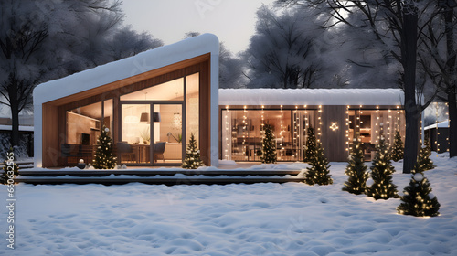 Fototapeta Naklejka Na Ścianę i Meble -  Small modern house decorated outside with christmas decorations and garland lights in winter. Merry christmas and happy new year eve concept.