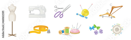 Different Sewing Tools and Equipment for Dressmaking Vector Set