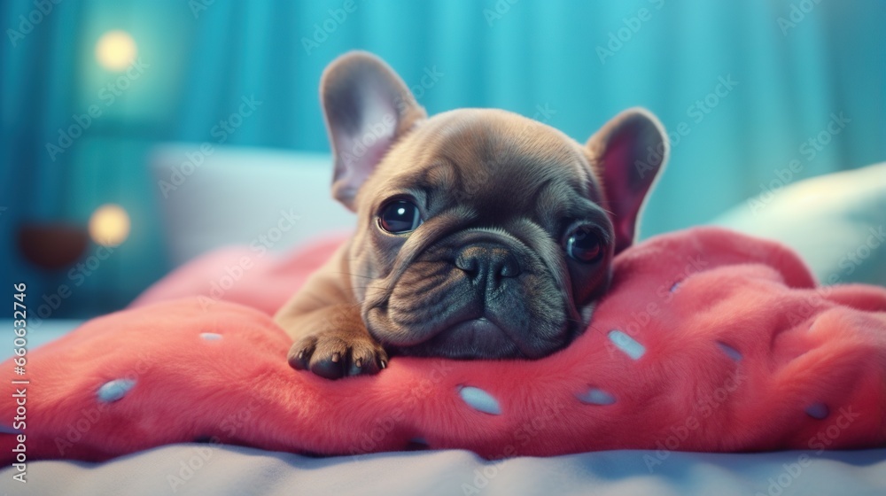  a small dog laying on top of a pink blanket on a bed.  generative ai