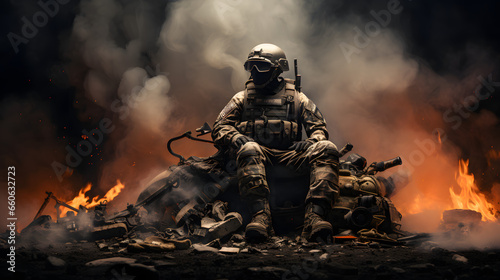 Soldier amidst fiery background of flames and smoke