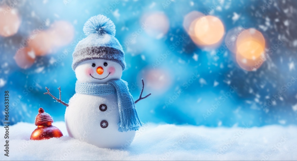 Winter Snow Scene: Beautiful Christmas Background with Snowman, Blue Blurred Bokeh, and Calm Celebration