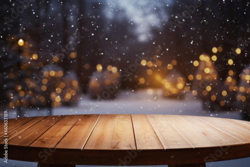 Empty wooden table and bokeh light background. For product display.