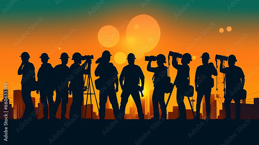 Construction workers in silhouette with safety gear, flat vector,generative ai Construction workers in silhouette with safety gear, flat vector,generative ai