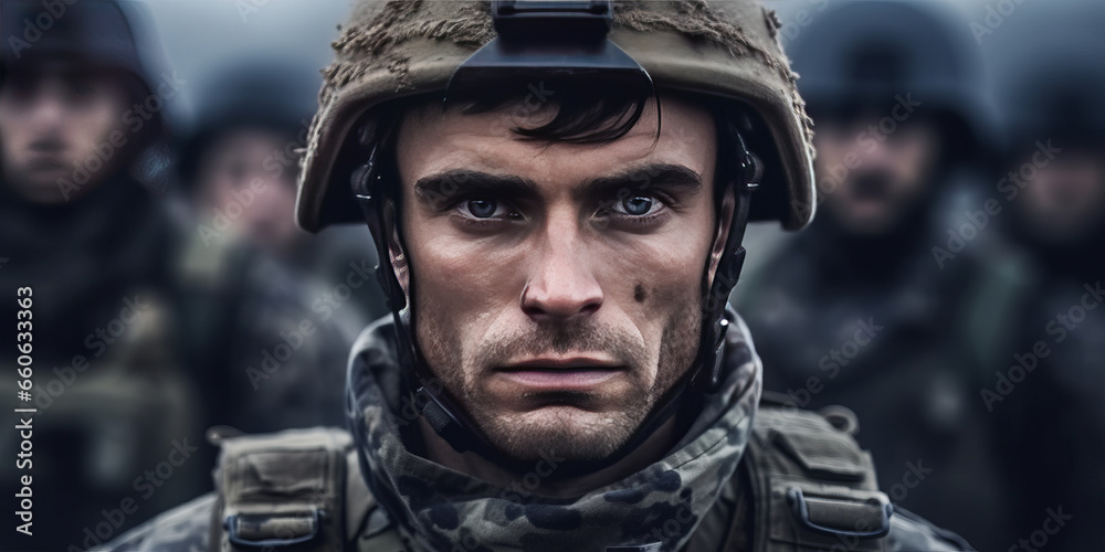 Portrait of a European army soldier in the ranks with selective focus, human enhanced.generative ai
