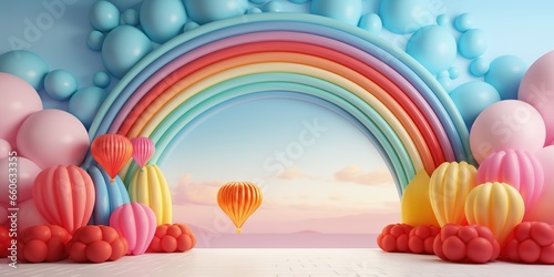 Generative AI, rainbow and colorful balloons. Birthday party 3d background. Mockup, template for greetiing card 