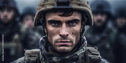 Portrait of a European army soldier in the ranks with selective focus, human enhanced.generative ai © LomaPari2021