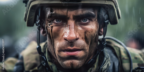 Portrait of a European army soldier in the ranks with selective focus, human enhanced.generative ai photo