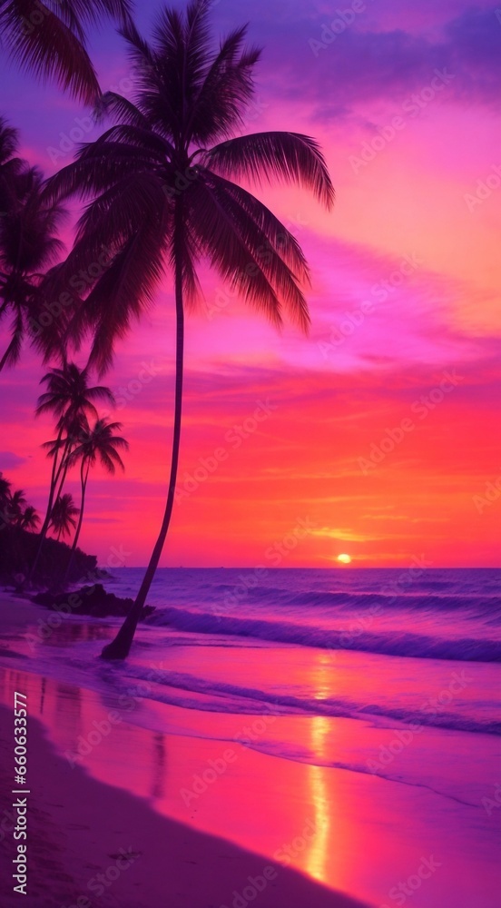 sunset on the beach, sunset over the sea, tropical sunset with trees