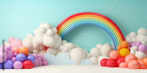 Generative AI  rainbow and colorful balloons. Birthday party 3d background. Mockup  template for greetiing card  